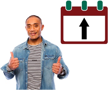 A man giving two thumbs up and a calendar with an arrow pointing up. 