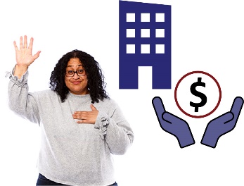 A woman raising her hand and a building. Next to the woman is a pair of hands holding up a dollar sign. 