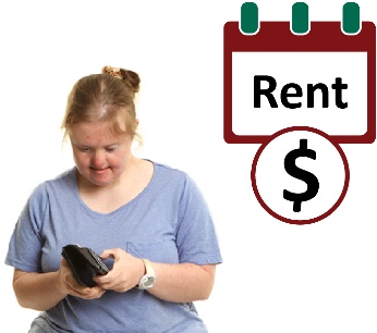 A woman looking in her wallet and a calendar with the word Rent on it and a dollar sign. 