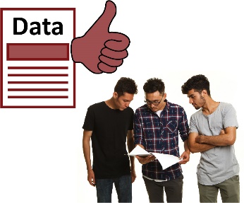 A group of men reading a document and a document with data on it and a thumbs up.