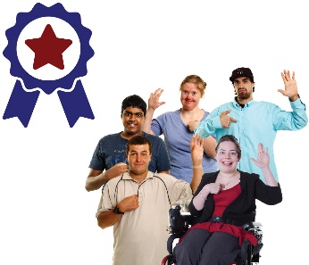 A diverse group of people with disability pointing at themselves and a badge with a star on it. 