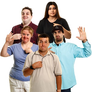 A group of people with disability pointing at themselves. 