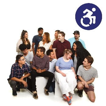 A diverse group of people sitting and standing together and the disability icon. 