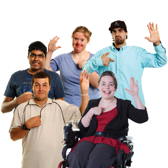A group of people with disability pointing at themselves.