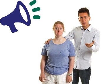 A man supporting a woman and a megaphone icon.