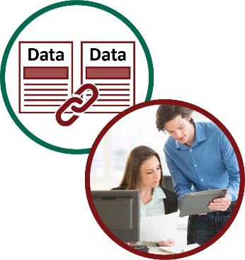Montage of two images. The first is a linked data icon, the second is a man showing a woman information on an iPad.