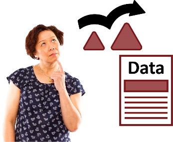 A woman thinking and a document with data on it. Above her is an arrow curving over two triangles. 