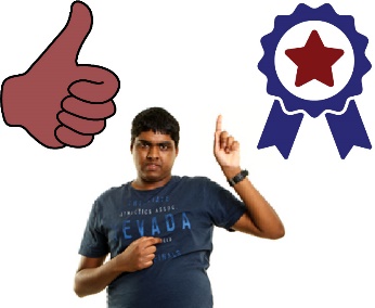 A man pointing at himself and a thumbs up and a badge with a star in it. 
