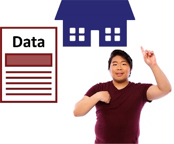 A man pointing at himself and a house and data icon. 