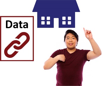 A man pointing at himself and a house and a linked data icon. 