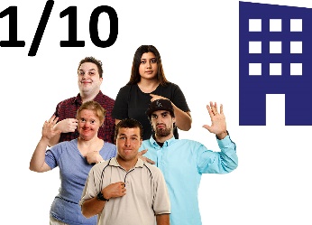 The fraction 1 in 10 and a diverse group of people with disability pointing at themselves. Next to them is a public housing icon.