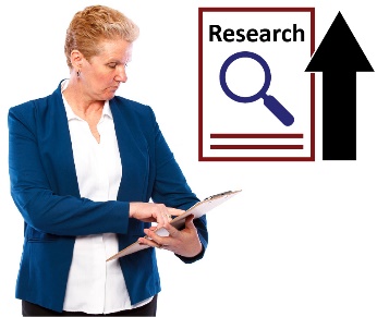 A woman writing on a clipboard and a research icon with an arrow pointing up. 
