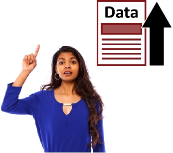 A woman raising her hand and a document with data on it and an arrow pointing up.