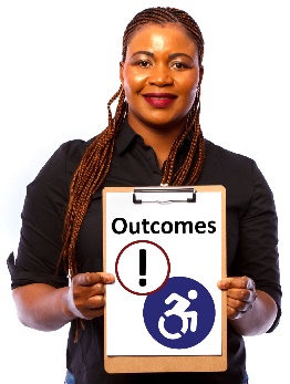 A woman holding a clipboard with the word outcomes on it and an important and disability icon. 