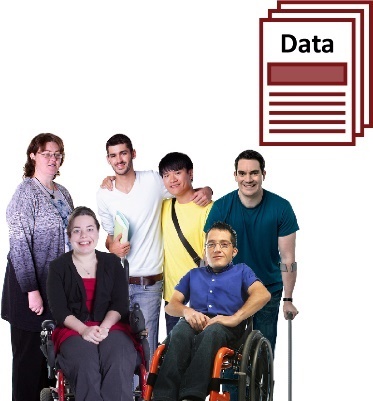 A diverse group of people with disability and a stack of documents with the word 'data' on them.