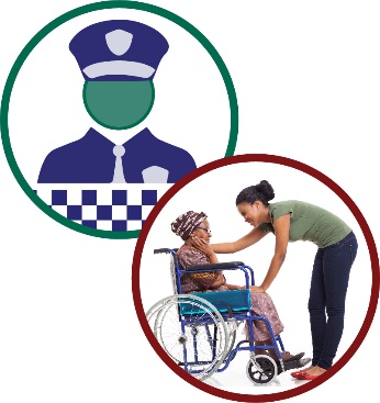 Montage of two images. The first is a police officer, the second is a woman helping another woman in a wheelchair. 