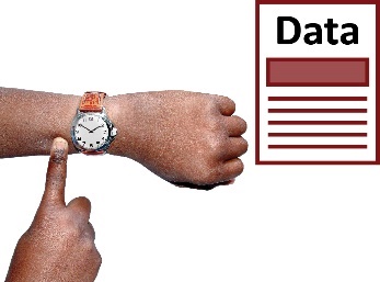 A person pointing at their watch and a data icon.