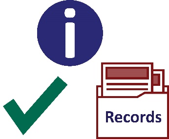 A tick, information icon and a folder with records.
